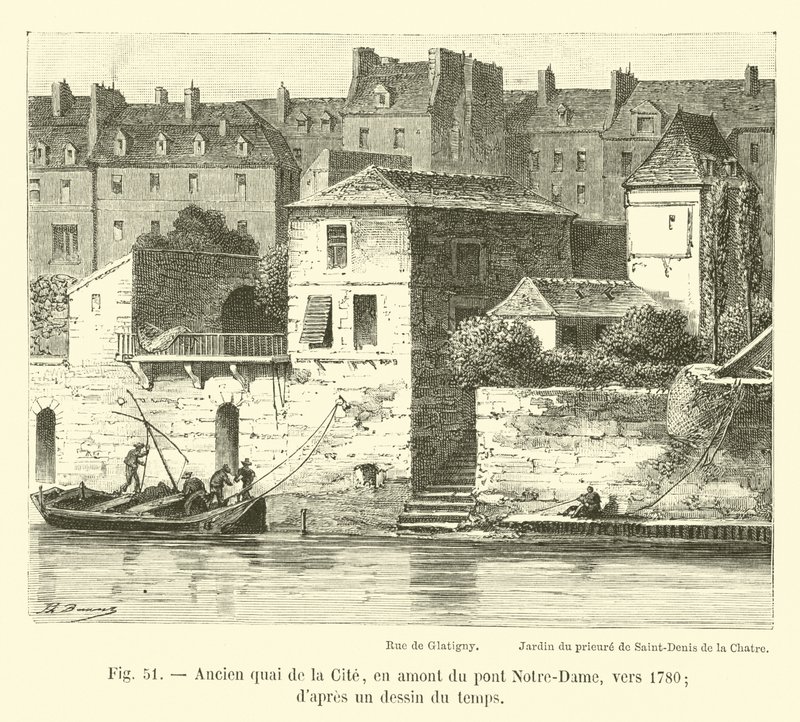 Old quay of the Cite, upstream of the Notre-Dame bridge, around 1780; after a drawing of the time by French School