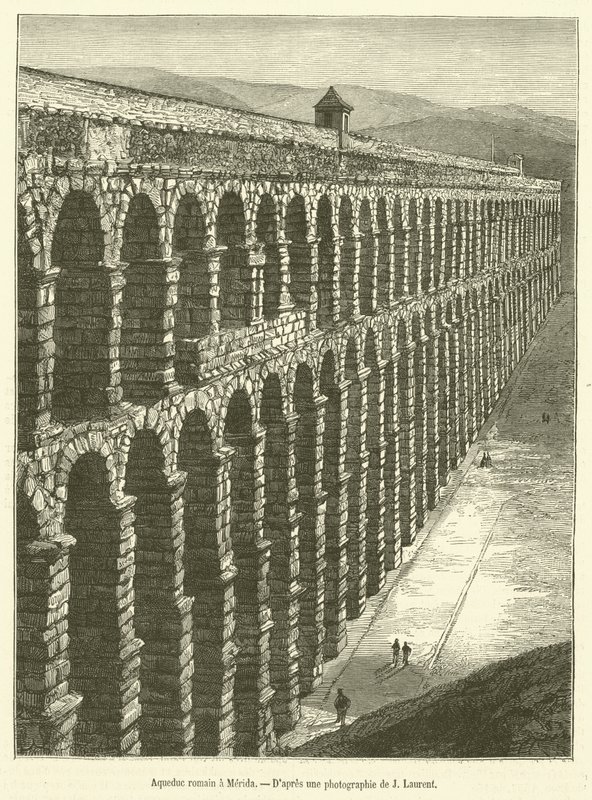 Roman aqueduct in Merida (engraving) by French School