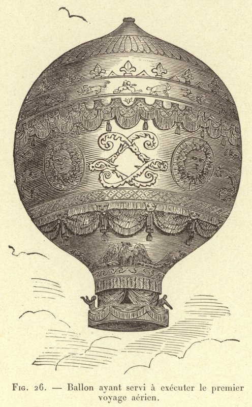 Balloon used for the first aerial voyage (engraving) by French School