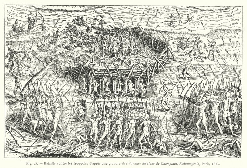 Battle Against the Iroquois; after an Engraving from the Voyages of Sieur de Champlain, Xaintongeois, Paris by French School