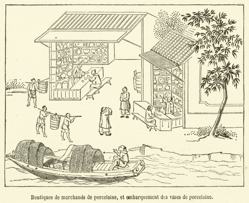 Porcelain Merchant Shops, and Loading of Porcelain Vases (engraving) by French School