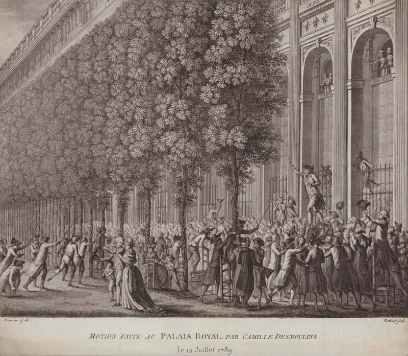 Camille Desmoulins delivering a call to arms to the people at the Palais Royal, Paris by French School
