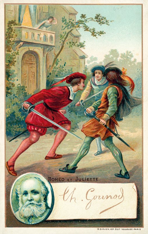 Charles Gounod, French composer, and a scene from his opera Romeo et Juliette by French School