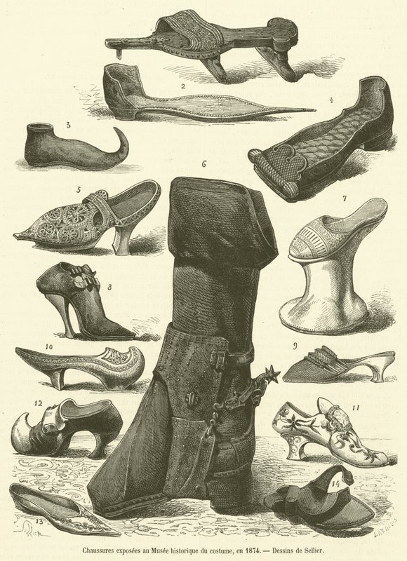 Shoes Exhibited at the Historical Costume Museum, 1874 (engraving) by French School