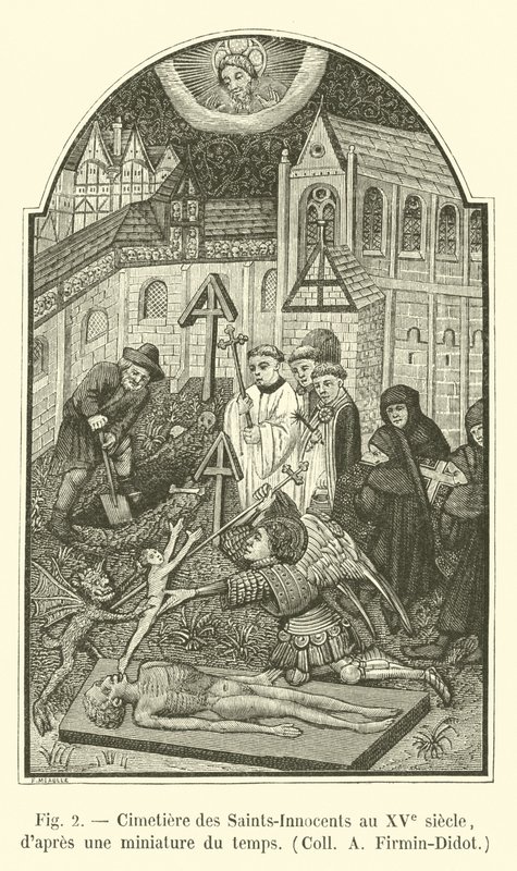 Cemetery of the Holy Innocents in the 15th century, after a miniature of the time, Coll A Firmin-Didot by French School