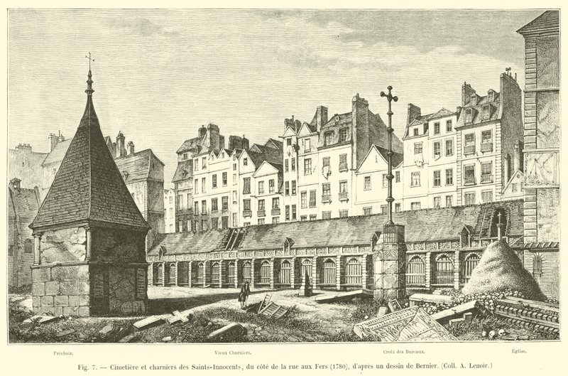 Cemetery and charnel houses of the Holy Innocents, on the side of Fers Street, 1780, after a drawing by Bernier, Coll A Lenoir by French School