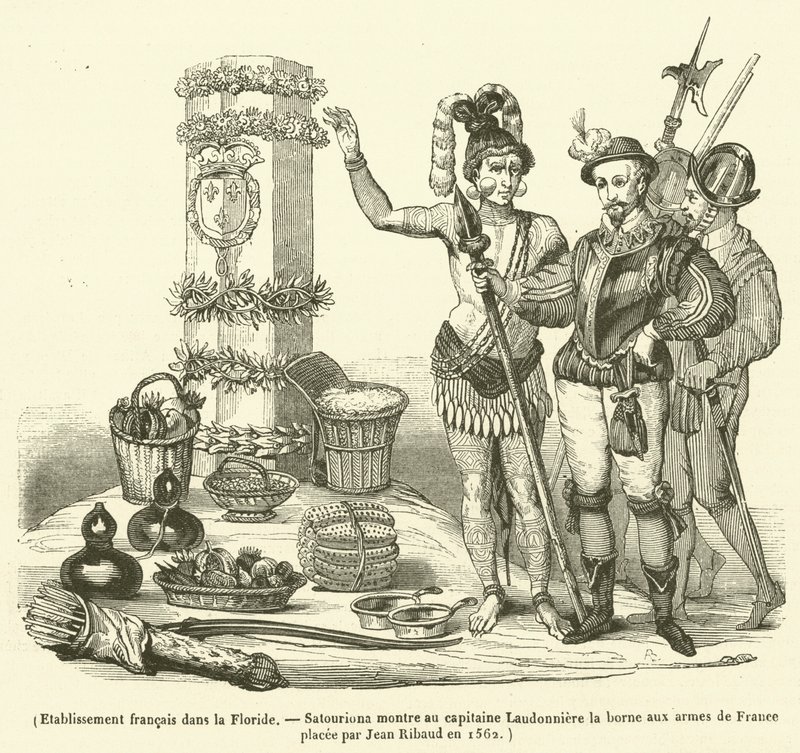 French Establishment in Florida, Satouriona Shows Captain Laudonniere the Boundary Marker with the Arms of France Placed by Jean Ribault in 1562 by French School