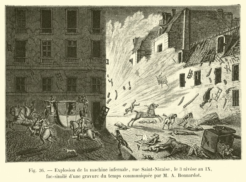 Explosion of the Infernal Machine, Rue Saint-Nicaise, 3 Nivose Year IX, Facsimile of a Contemporary Engraving Communicated by M. A. Bonnardot by French School