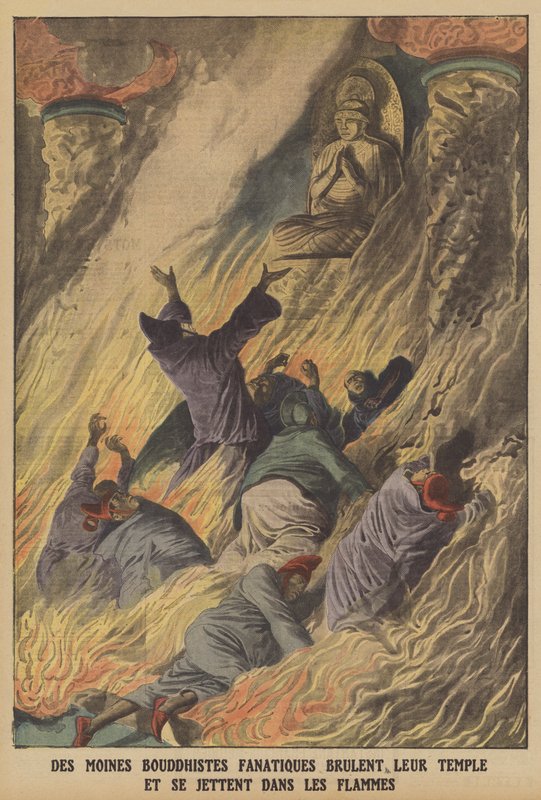 Fanatical Buddhist monks burning their temple and throwing themselves into the flames on the island of Formosa by French School