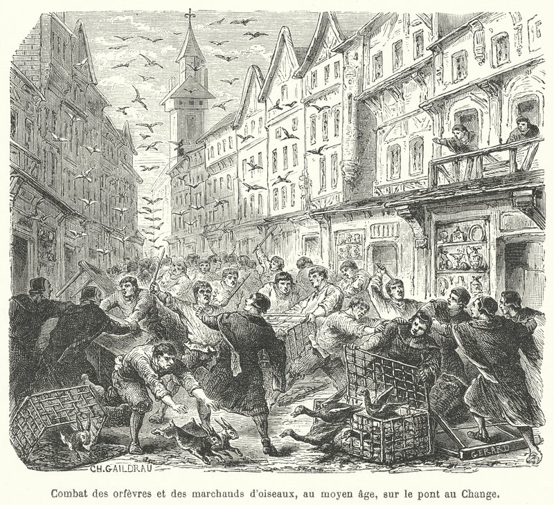 Fight between goldsmiths and merchants selling birds on the Pont au Change, Paris, in the Middle Ages by French School