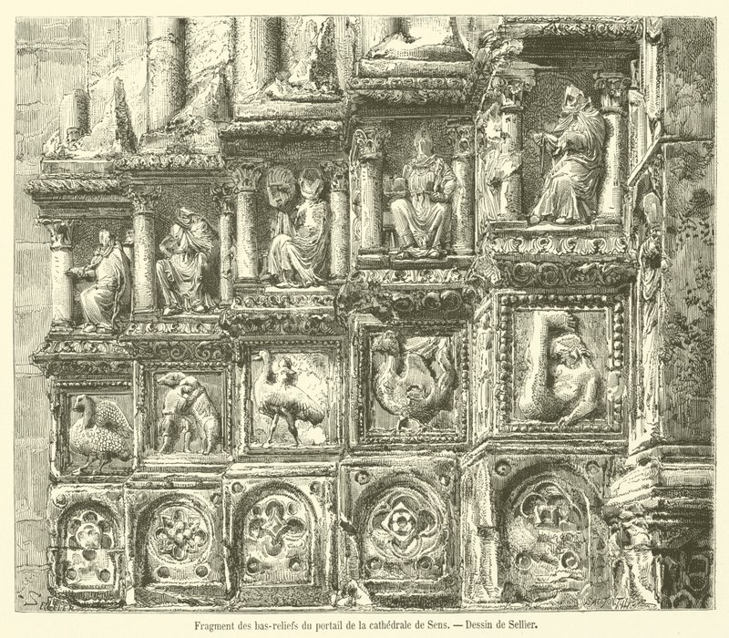 Fragment of the Reliefs of the Portal of the Cathedral of Sens (engraving) by French School