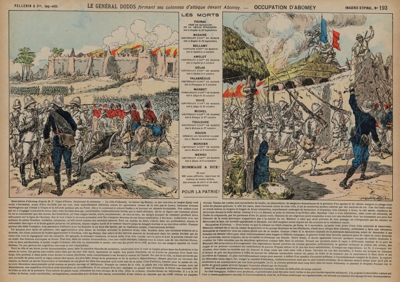 French troops commanded by General Alfred-Amedee Dodds attacking Abomey, Dahomey, Second Franco-Dahomean War by French School