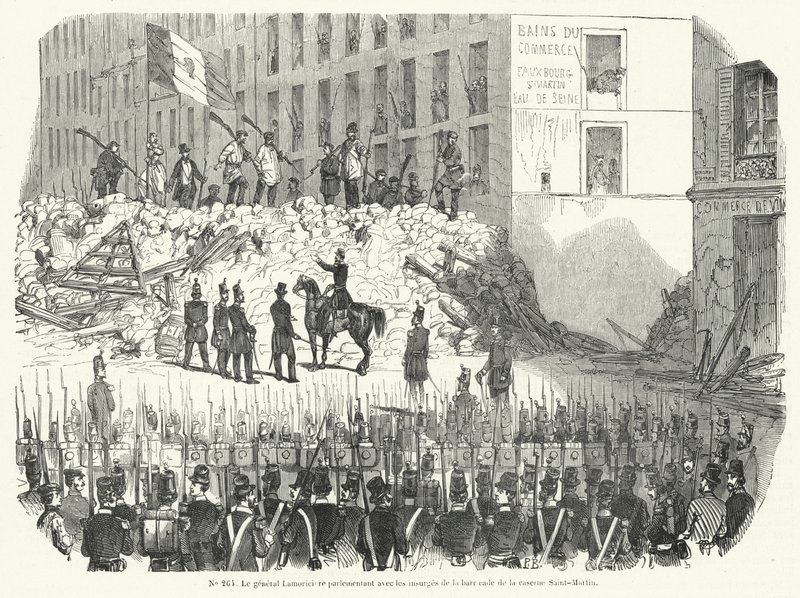 General Lamoriciere negotiating with armed workers defending their barricade outside the Saint Martin barracks, Paris, 23 June 1848 by French School