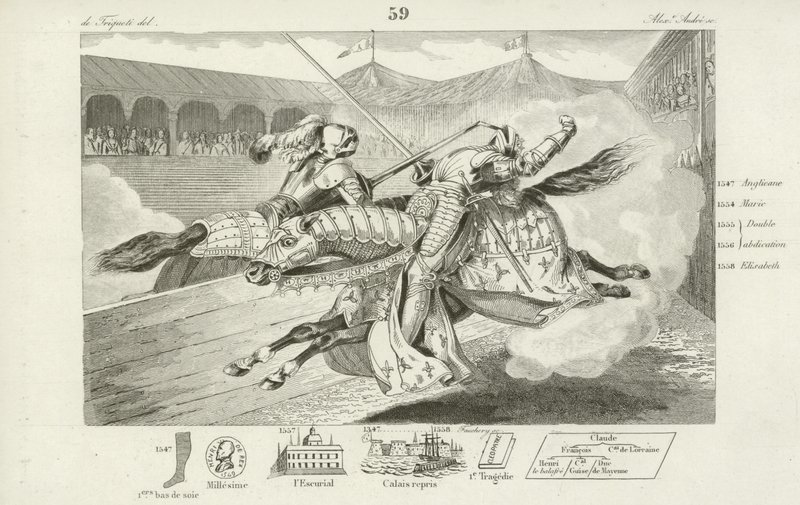 Henry II of France mortally wounded in a joust with Gabriel Montgomery, Captain of the Kings Scottish guard, 1559 by French School