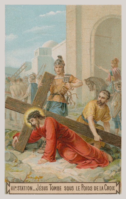 Jesus falls for the first time under the weight of the cross (The third Station of the Cross) by French School