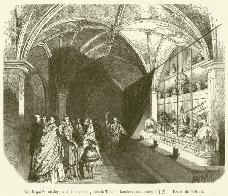 The Regalia, or Crown Jewels, in the Tower of London, old room by French School