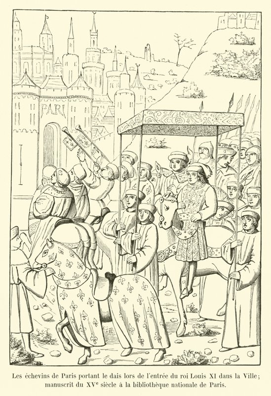 The aldermen of Paris carrying the canopy during the entry of King Louis XI into the City; manuscript of the 15th century at the National Library of Paris by French School