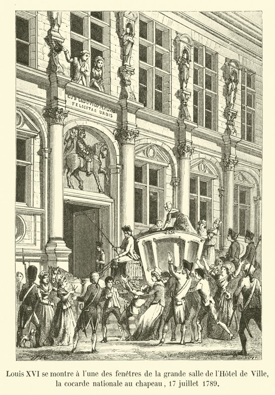 Louis XVI appears at one of the windows of the great hall of the Hotel de Ville, the national cockade on his hat, July 17, 1789 by French School