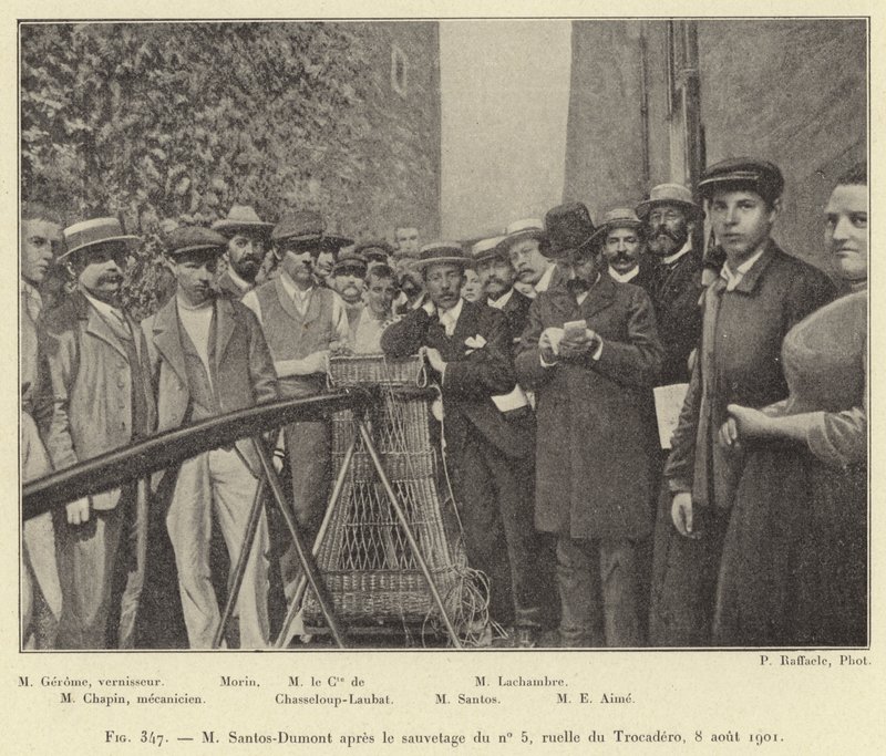 Mr. Santos-Dumont After the Rescue of No. 5, Trocadero Alley, August 8, 1901 (engraving) by French School