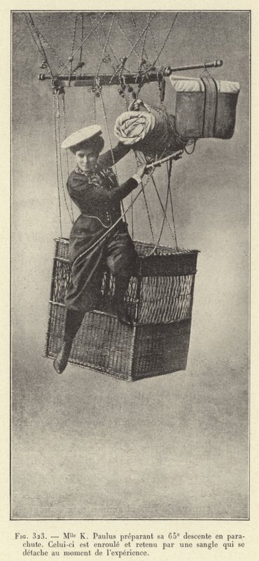 Miss K. Paulus Preparing for Her 65th Parachute Descent, The Parachute is Rolled Up and Held by a Strap that Detaches at the Moment of the Experiment (engraving) by French School