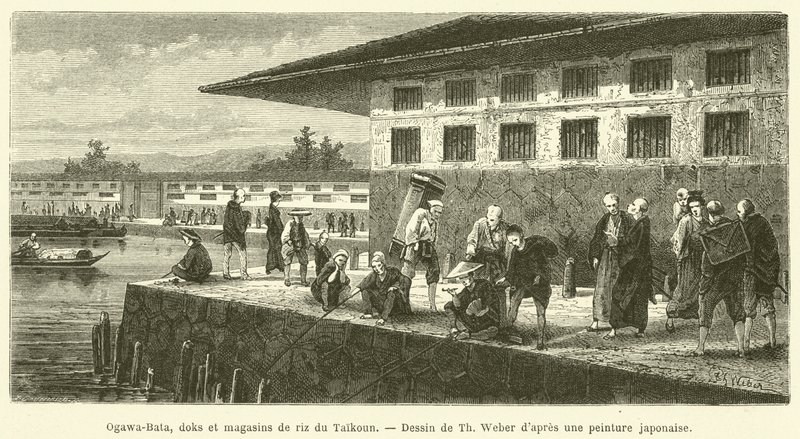 Ogawa-Bata, Docks and Rice Warehouses of the Taikun (engraving) by French School
