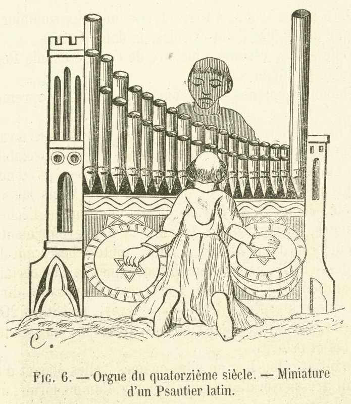 14th Century Organ, Miniature from a Latin Psalter (engraving) by French School