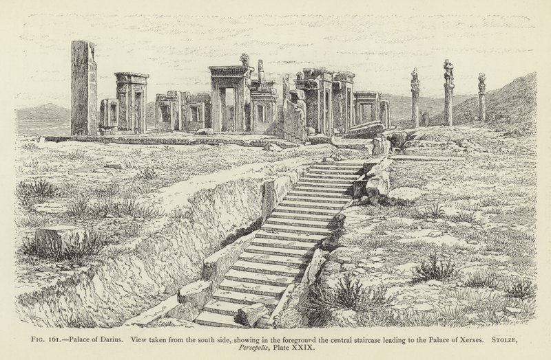Palace of Darius, view from the south side, central staircase leading to the Palace of Xerxes by French School