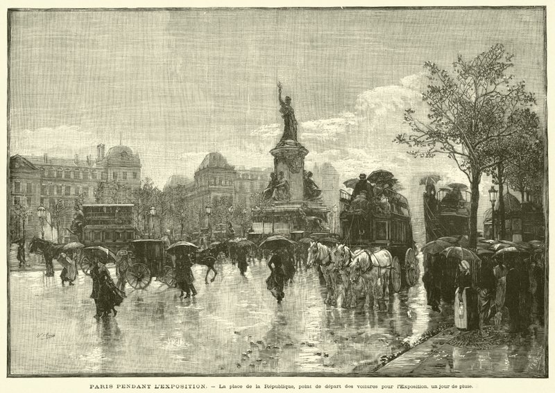 Paris During the Exhibition, Place de la Republique, Starting Point for Carriages to the Exhibition, a Rainy Day by French School