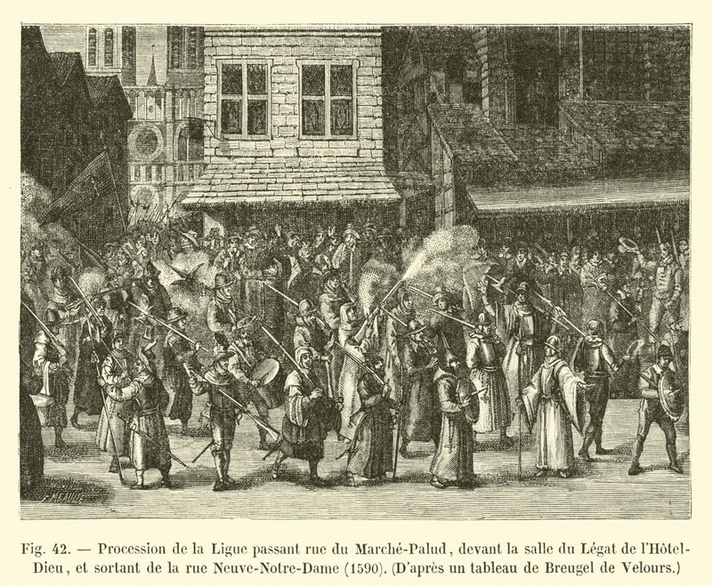 Procession of the League passing through rue du Marche-Palud, in front of the Legate