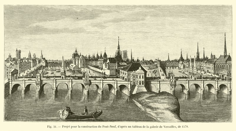 Project for the construction of the Pont-Neuf, after a painting from the Versailles Gallery, from 1578 by French School