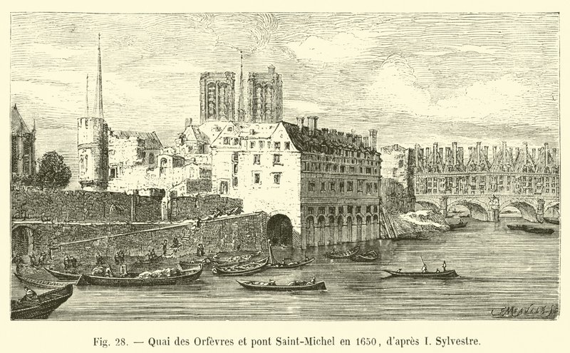 Quai des Orfèvres and Saint-Michel Bridge in 1650, after I Sylvestre by French School