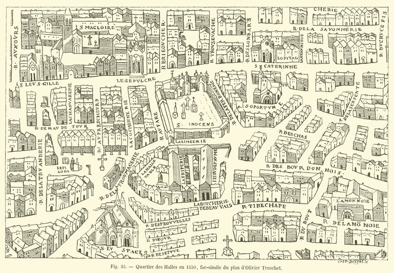 Halles District in 1550, facsimile of Olivier Truschet