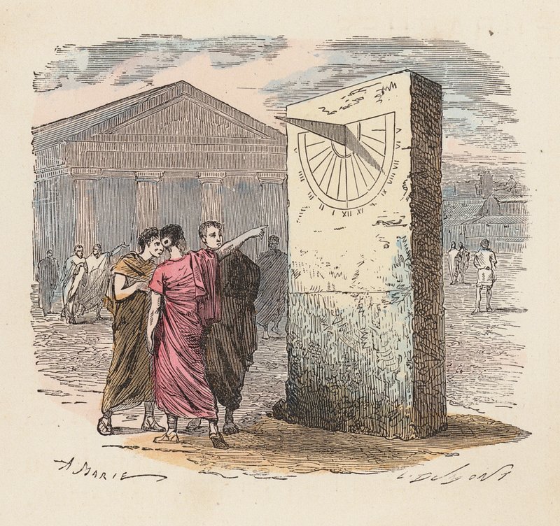 Reading time using a sundial in ancient times by French School