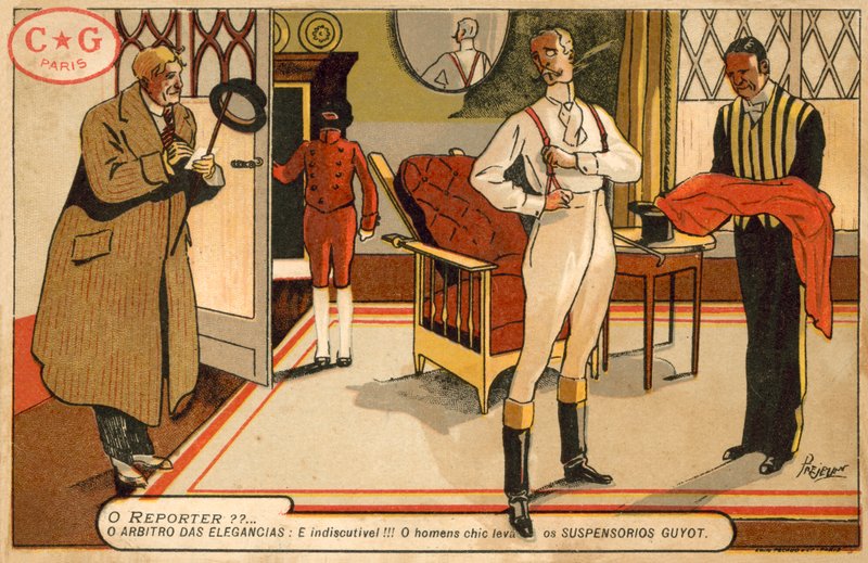 Reporter interviewing a gentleman getting dressed by French School