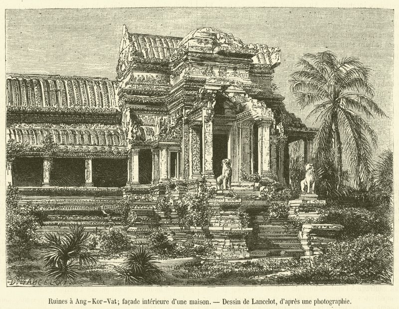 Ruins at Angkor Wat, Interior Facade of a House (engraving) by French School