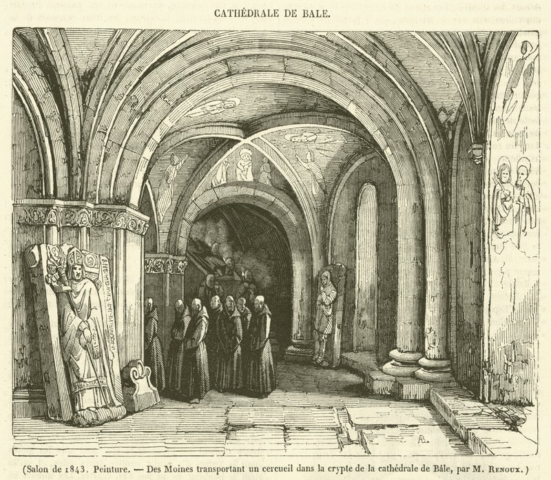 Monks Transporting a Coffin in the Crypt of the Cathedral of Basel (engraving) by French School