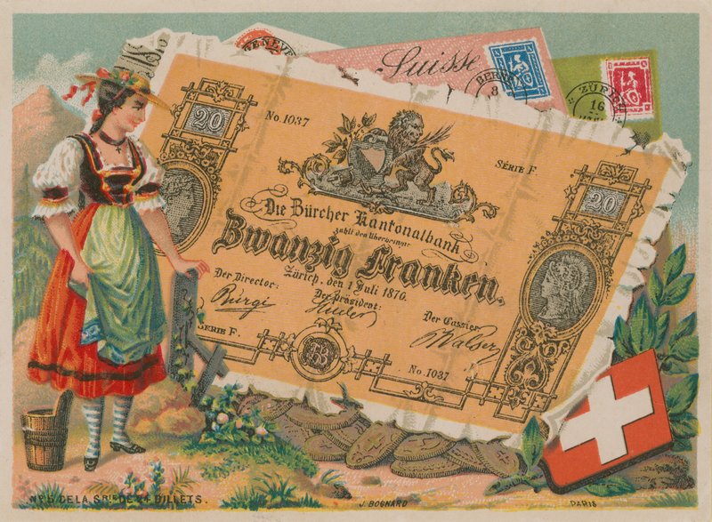 Swiss girl in traditional costume and 20 Franc banknote by French School