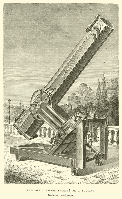 Silvered Mirror Telescope by L. Foucault, Newtonian System (engraving) by French School