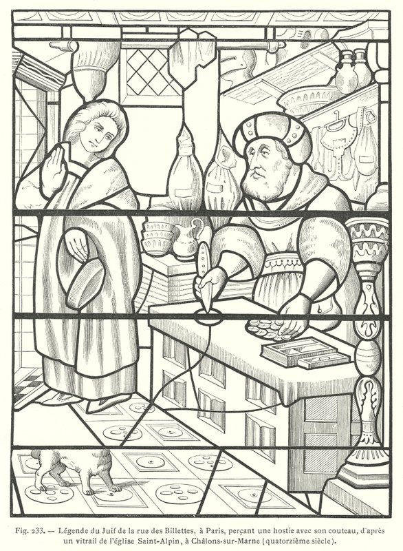 The Jew of the Rue des Billettes, Paris, desecrating the Host by piercing it with his knife, after a 14th Century stained glass window in the Church of Saint-Alpin, Chalons-sur-Marne, France by French School