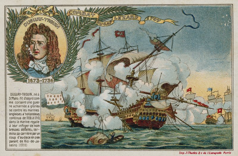 Trade card with an image depicting the Battle at The Lizard by French School