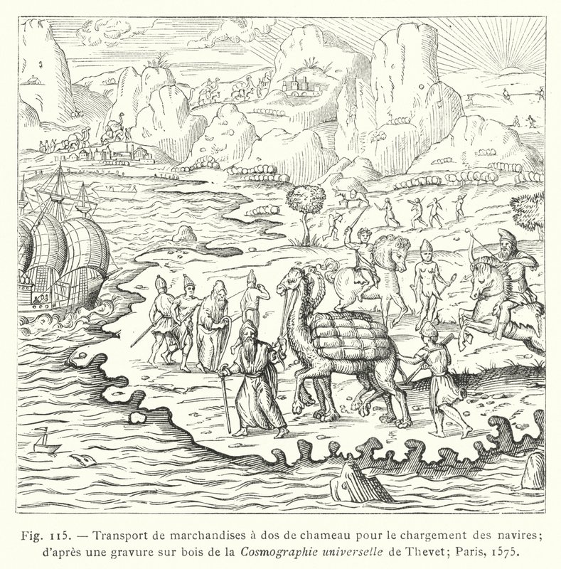 Transport of Goods by Camel for Loading Ships; After a Wood Engraving from Thevet