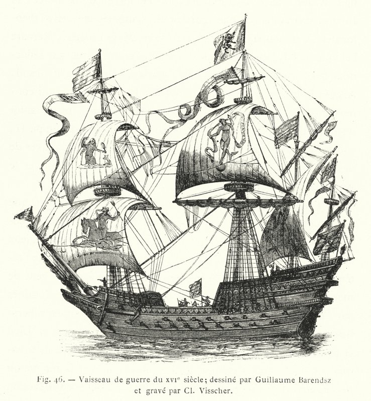Warship of the 16th century; drawn by Guillaume Barendsz and engraved by Cl Visscher by French School