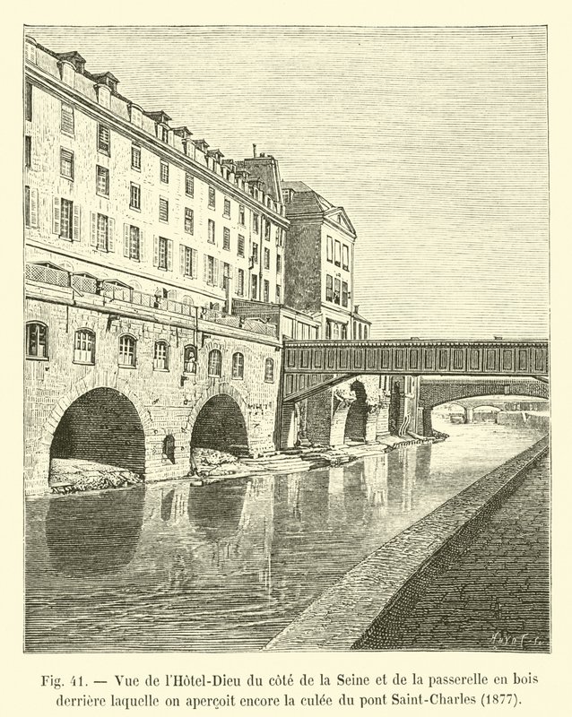 View of the Hotel-Dieu from the Seine side and the wooden footbridge behind which the abutment of the Saint-Charles bridge can still be seen, 1877 by French School