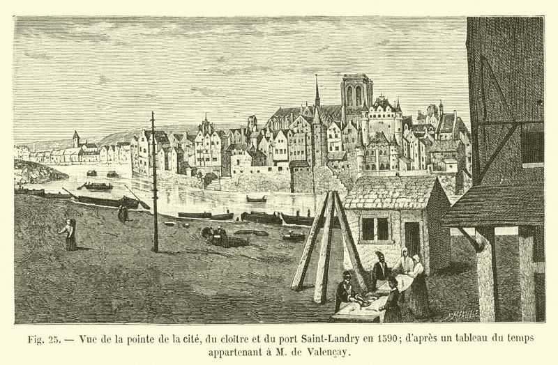View of the Tip of the Island, the Cloister, and the Port Saint-Landry in 1590, after a Painting of the Time Belonging to M. de Valencay by French School