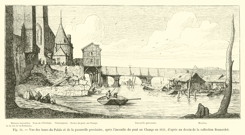 View of the Towers of the Palace and the Temporary Footbridge, after the Fire of the Pont au Change in 1621, after a drawing from the Bonnardot Collection by French School