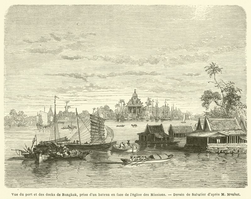 View of the port and docks of Bangkok, taken from a boat in front of the Missions Church by French School