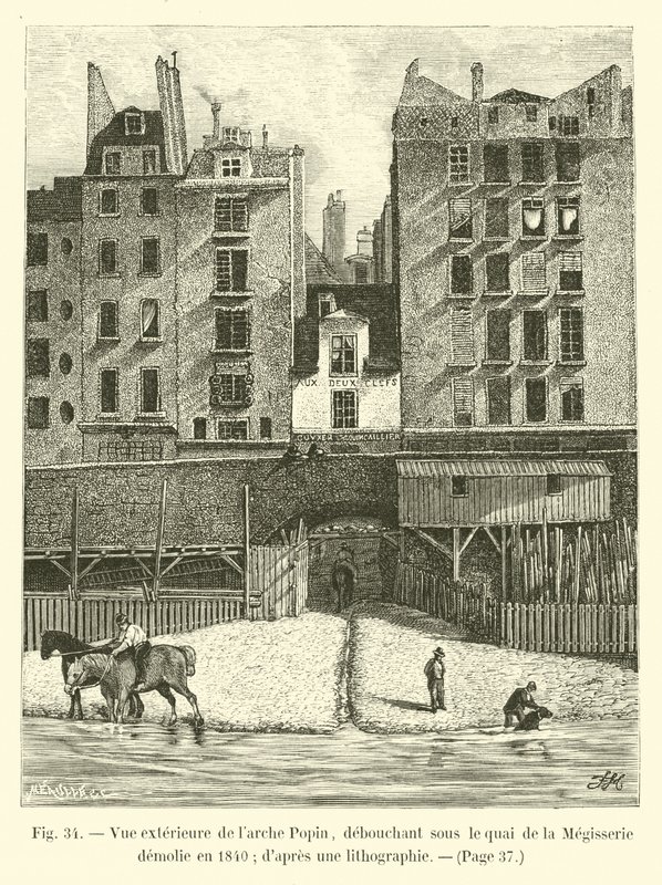 Exterior view of the Arche Popin, opening under the Quai de la Megisserie demolished in 1840; after a lithograph by French School