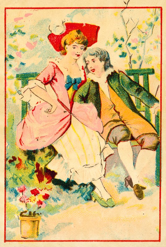 Young couple on a bench in a garden by French School
