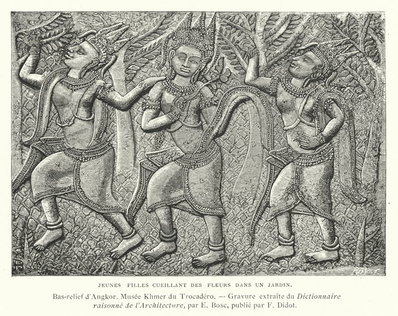 Young girls picking flowers in a garden, bas-relief from Angkor, Cambodia by French School