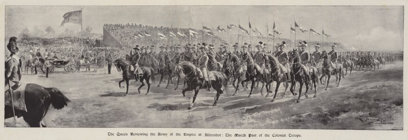 The Queen reviewing the Army of the Empire at Aldershot, the March Past of the Colonial Troops by G.S. Amato